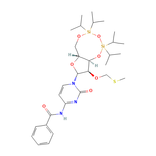 N-[1-[(6aR,8R,9R,9aR)-9-(methylsulfanylmethoxy)-2,2,4,4-tetra(propan-2-yl)-6a,8,9,9a-tetrahydro-6H-furo[3,2-f][1,3,5,2,4]trioxadisilocin-8-yl]-2-oxopyrimidin-4-yl]benzamide (CAS: 139434-68-7) - Chemical Structure and Molecular Formula 