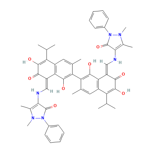 4-[[(Z)-[7-[(8Z)-8-[[(1,5-dimethyl-3-oxo-2-phenylpyrazol-4-yl)amino]methylidene]-1,6-dihydroxy-3-methyl-7-oxo-5-propan-2-ylnaphthalen-2-yl]-3,8-dihydroxy-6-methyl-2-oxo-4-propan-2-ylnaphthalen-1-ylidene]methyl]amino]-1,5-dimethyl-2-phenylpyrazol-3-one (CAS: 256493-47-7) - Related Chemical Product
