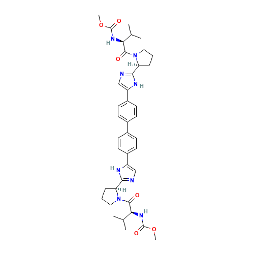 methyl N-[(2S)-1-[(2S)-2-[5-[4-[4-[2-[(2S)-1-[(2S)-2-(methoxycarbonylamino)-3-methylbutanoyl]pyrrolidin-2-yl]-1H-imidazol-5-yl]phenyl]phenyl]-1H-imidazol-2-yl]pyrrolidin-1-yl]-3-methyl-1-oxobutan-2-yl]carbamate (CAS: 1009119-64-5) - Related Chemical Product