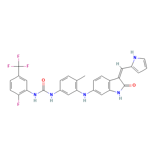1-[2-fluoro-5-(trifluoromethyl)phenyl]-3-[4-methyl-3-[[(3Z)-2-oxo-3-(1H-pyrrol-2-ylmethylidene)-1H-indol-6-yl]amino]phenyl]urea (CAS: 1033769-28-6) - Related Chemical Product