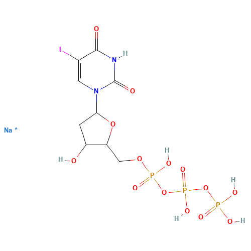 sodium;[[[(2R,3S,4R,5R)-3,4-dihydroxy-5-(5-iodo-2,4-dioxopyrimidin-1-yl)oxolan-2-yl]methoxy-hydroxyphosphoryl]oxy-hydroxyphosphoryl] hydrogen phosphate (CAS: 73431-55-7) - Chemical Structure and Molecular Formula 