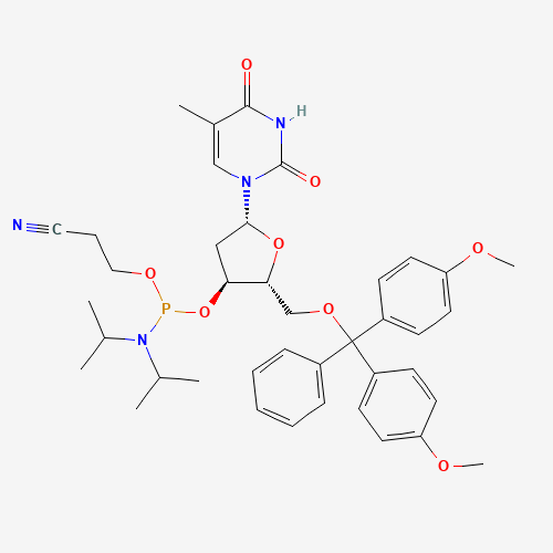 3-[[(2R,3S,5R)-2-[[bis(4-methoxyphenyl)-phenylmethoxy]methyl]-5-(5-methyl-2,4-dioxopyrimidin-1-yl)oxolan-3-yl]oxy-[di(propan-2-yl)amino]phosphanyl]oxypropanenitrile (CAS: 98796-51-1) - Related Chemical Product