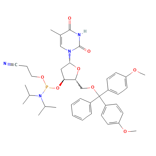 3-[[(2R,3S,5R)-2-[[bis(4-methoxyphenyl)-phenylmethoxy]methyl]-5-(5-methyl-2,4-dioxopyrimidin-1-yl)oxolan-3-yl]oxy-[di(propan-2-yl)amino]phosphanyl]oxypropanenitrile (CAS: 98796-51-1) - Related Chemical Product