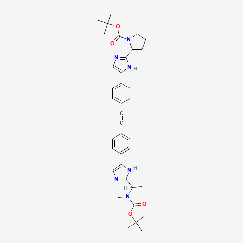 tert-butyl 2-[5-[4-[2-[4-[2-[(1S)-1-[methyl-[(2-methylpropan-2-yl)oxycarbonyl]amino]ethyl]-1H-imidazol-5-yl]phenyl]ethynyl]phenyl]-1H-imidazol-2-yl]pyrrolidine-1-carboxylate (CAS: 1228968-76-0) - Related Chemical Product