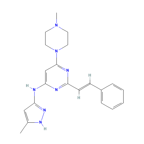 6-(4-methylpiperazin-1-yl)-N-(5-methyl-1H-pyrazol-3-yl)-2-[(E)-2-phenylethenyl]pyrimidin-4-amine (CAS: 934353-76-1) - Related Chemical Product