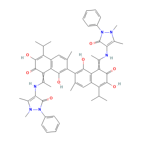4-[[(1Z)-1-[7-[(8Z)-8-[1-[(1,5-dimethyl-3-oxo-2-phenylpyrazol-4-yl)amino]ethylidene]-1,6-dihydroxy-3-methyl-7-oxo-5-propan-2-ylnaphthalen-2-yl]-3,8-dihydroxy-6-methyl-2-oxo-4-propan-2-ylnaphthalen-1-ylidene]ethyl]amino]-1,5-dimethyl-2-phenylpyrazol-3-one (CAS: 676529-95-6) - Related Chemical Product