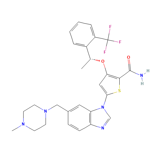 5-[6-[(4-methylpiperazin-1-yl)methyl]benzimidazol-1-yl]-3-[(1R)-1-[2-(trifluoromethyl)phenyl]ethoxy]thiophene-2-carboxamide (CAS: 929095-18-1) - Related Chemical Product
