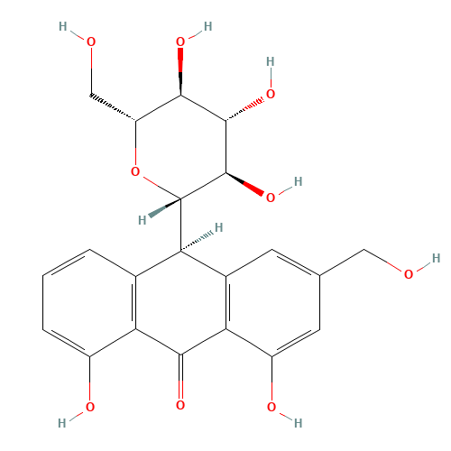 (10R)-1,8-dihydroxy-3-(hydroxymethyl)-10-[(2S,3R,4R,5S,6R)-3,4,5-trihydroxy-6-(hydroxymethyl)oxan-2-yl]-10H-anthracen-9-one (CAS: 28371-16-6) - Chemical Structure and Molecular Formula 