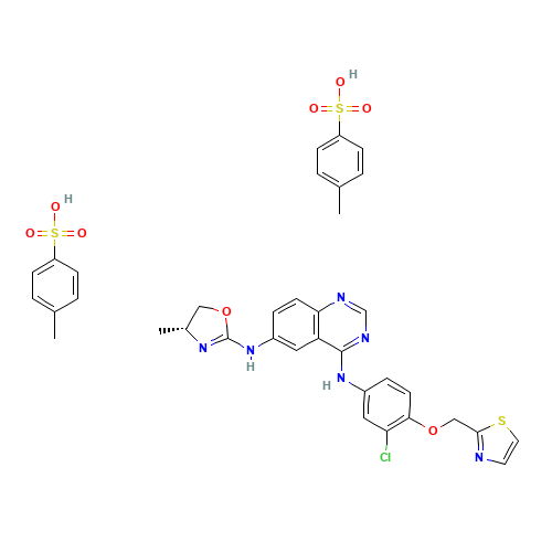 4-N-[3-chloro-4-(1,3-thiazol-2-ylmethoxy)phenyl]-6-N-[(4R)-4-methyl-4,5-dihydro-1,3-oxazol-2-yl]quinazoline-4,6-diamine;4-methylbenzenesulfonic acid (CAS: 1146629-86-8) - Chemical Structure and Molecular Formula 