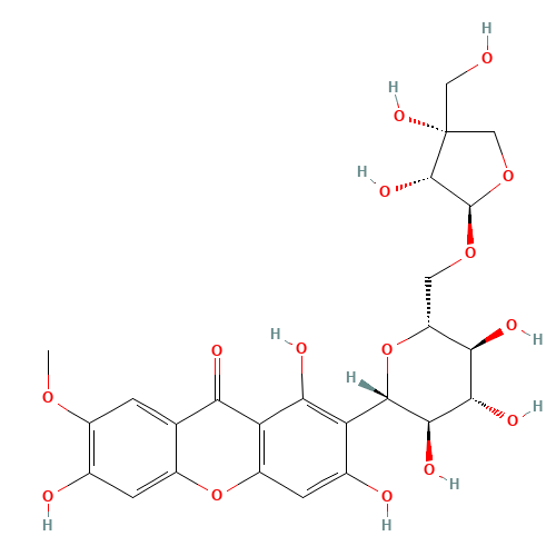2-[(2S,3R,4R,5S,6R)-6-[[(2R,3R,4R)-3,4-dihydroxy-4-(hydroxymethyl)oxolan-2-yl]oxymethyl]-3,4,5-trihydroxyoxan-2-yl]-1,3,6-trihydroxy-7-methoxyxanthen-9-one (CAS: 162857-78-5) - Related Chemical Product