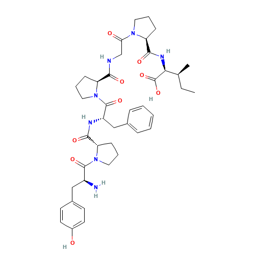 (2S,3S)-2-[[(2S)-1-[2-[[(2S)-1-[(2S)-2-[[(2S)-1-[(2S)-2-amino-3-(4-hydroxyphenyl)propanoyl]pyrrolidine-2-carbonyl]amino]-3-phenylpropanoyl]pyrrolidine-2-carbonyl]amino]acetyl]pyrrolidine-2-carbonyl]amino]-3-methylpentanoic acid (CAS: 72122-62-4) - Chemical Structure and Molecular Formula 