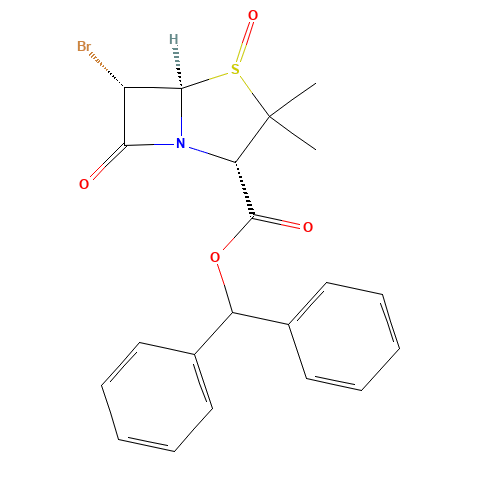 benzhydryl (2S,5R,6S)-6-bromo-3,3-dimethyl-4,7-dioxo-4$l^{4}-thia-1-azabicyclo[3.2.0]heptane-2-carboxylate (CAS: 80353-26-0) - Chemical Structure and Molecular Formula 