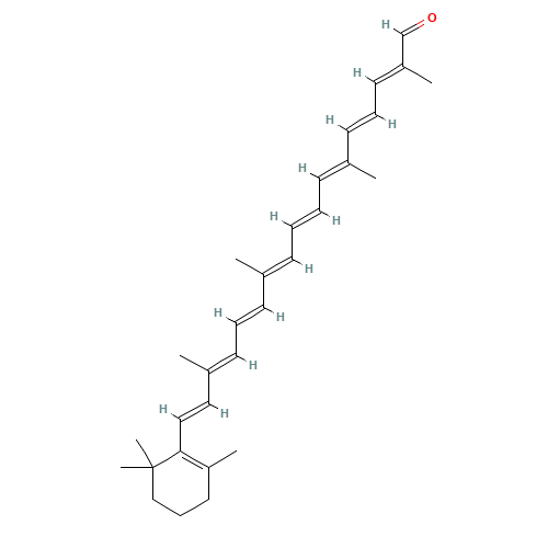 (2E,4E,6E,8E,10E,12E,14E,16E)-2,6,11,15-tetramethyl-17-(2,6,6-trimethylcyclohexen-1-yl)heptadeca-2,4,6,8,10,12,14,16-octaenal (CAS: 1107-26-2) - Chemical Structure and Molecular Formula 