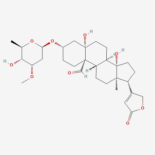 (3S,5S,8R,9S,10S,13R,14S,17R)-5,14-dihydroxy-3-[(2R,4S,5R,6R)-5-hydroxy-4-methoxy-6-methyloxan-2-yl]oxy-13-methyl-17-(5-oxo-2H-furan-3-yl)-2,3,4,6,7,8,9,11,12,15,16,17-dodecahydro-1H-cyclopenta[a]phenanthrene-10-carbaldehyde (CAS: 508-77-0) - Related Chemical Product