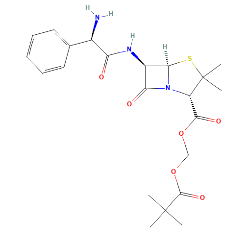 2,2-dimethylpropanoyloxymethyl (2S,5R,6R)-6-[[(2R)-2-amino-2-phenylacetyl]amino]-3,3-dimethyl-7-oxo-4-thia-1-azabicyclo[3.2.0]heptane-2-carboxylate (CAS: 33817-20-8) - Chemical Structure and Molecular Formula 