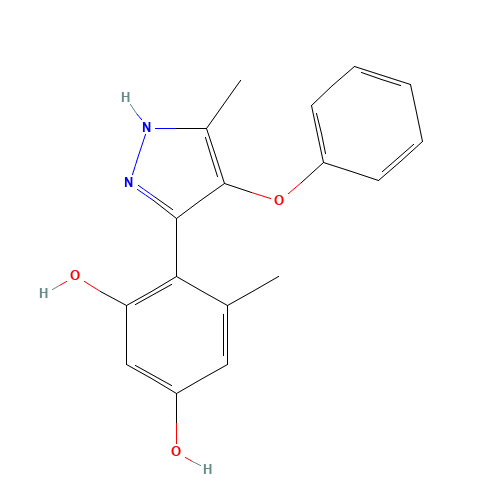 (4E)-3-hydroxy-5-methyl-4-(5-methyl-4-phenoxy-1,2-dihydropyrazol-3-ylidene)cyclohexa-2,5-dien-1-one (CAS: 385401-21-8) - Chemical Structure and Molecular Formula 