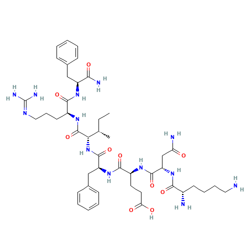(4S)-4-[[(2S)-4-amino-2-[[(2S)-2,6-diaminohexanoyl]amino]-4-oxobutanoyl]amino]-5-[[(2S)-1-[[(2S,3S)-1-[[(2S)-1-[[(2S)-1-amino-1-oxo-3-phenylpropan-2-yl]amino]-5-(diaminomethylideneamino)-1-oxopentan-2-yl]amino]-3-methyl-1-oxopentan-2-yl]amino]-1-oxo-3-phe (CAS: 130092-56-7) - Chemical Structure and Molecular Formula 