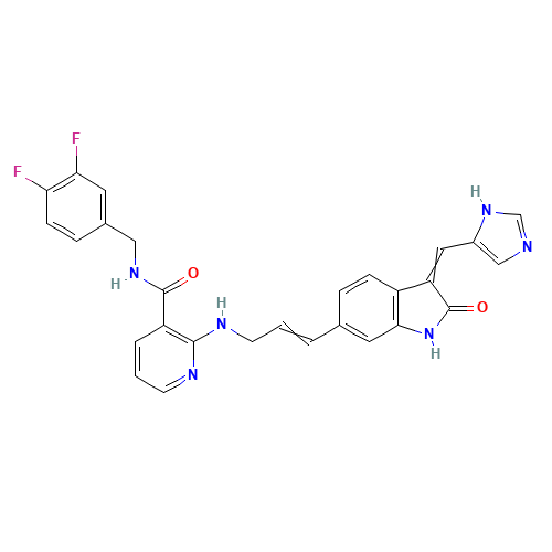 N-[(3,4-difluorophenyl)methyl]-2-[[(E)-3-[(3Z)-3-(1H-imidazol-5-ylmethylidene)-2-oxo-1H-indol-6-yl]prop-2-enyl]amino]pyridine-3-carboxamide (CAS: 1289187-48-9) - Related Chemical Product