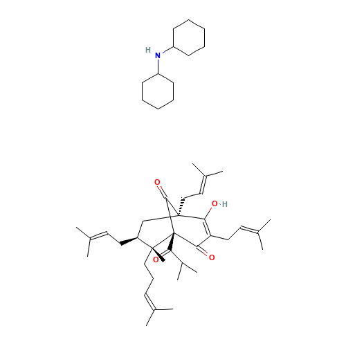 N-cyclohexylcyclohexanamine;(1R,5R,6R,7S)-2-hydroxy-6-methyl-1,3,7-tris(3-methylbut-2-enyl)-6-(4-methylpent-3-enyl)-5-(2-methylpropanoyl)bicyclo[3.3.1]non-2-ene-4,9-dione (CAS: 238074-03-8) - Chemical Structure and Molecular Formula 