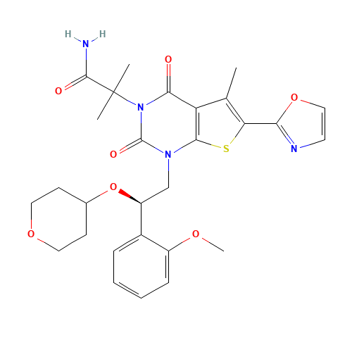 2-[1-[(2~{r})-2-(2-Methoxyphenyl)-2-(Oxan-4-Yloxy)ethyl]-5-Methyl-6-(1,3-Oxazol-2-Yl)-2,4-Bis(Oxidanylidene)thieno[2,3-D]pyrimidin-3-Yl]-2-Methyl-Propanamide (CAS: 1434639-57-2) - Chemical Structure and Molecular Formula 