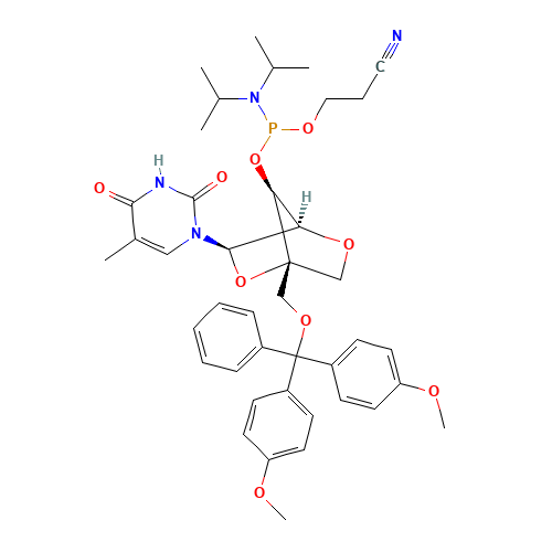 3-[[(1R,3R,4R,7S)-1-[[Bis(4-methoxyphenyl)-phenylmethoxy]methyl]-3-(5-methyl-2,4-dioxopyrimidin-1-yl)-2,5-dioxabicyclo[2.2.1]heptan-7-yl]oxy-[di(propan-2-yl)amino]phosphanyl]oxypropanenitrile (CAS: 206055-75-6) - Chemical Structure and Molecular Formula 