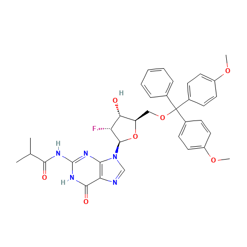 N-(9-((2R,3R,4R,5R)-5-((Bis(4-methoxyphenyl)(phenyl)methoxy)methyl)-3-fluoro-4-hydroxytetrahydrofuran-2-yl)-6-oxo-6,9-dihydro-1H-purin-2-yl)isobutyramide (CAS: 144089-96-3) - Related Chemical Product