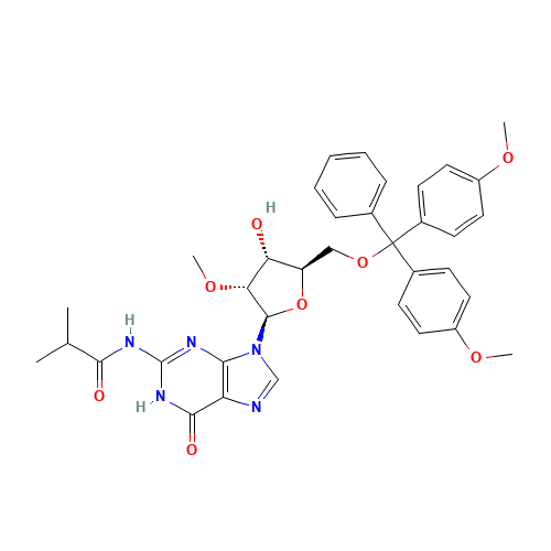 N-(9-((2R,3R,4R,5R)-5-((Bis(4-methoxyphenyl)(phenyl)methoxy)methyl)-4-hydroxy-3-methoxytetrahydrofuran-2-yl)-6-oxo-6,9-dihydro-1H-purin-2-yl)isobutyramide (CAS: 114745-26-5) - Related Chemical Product